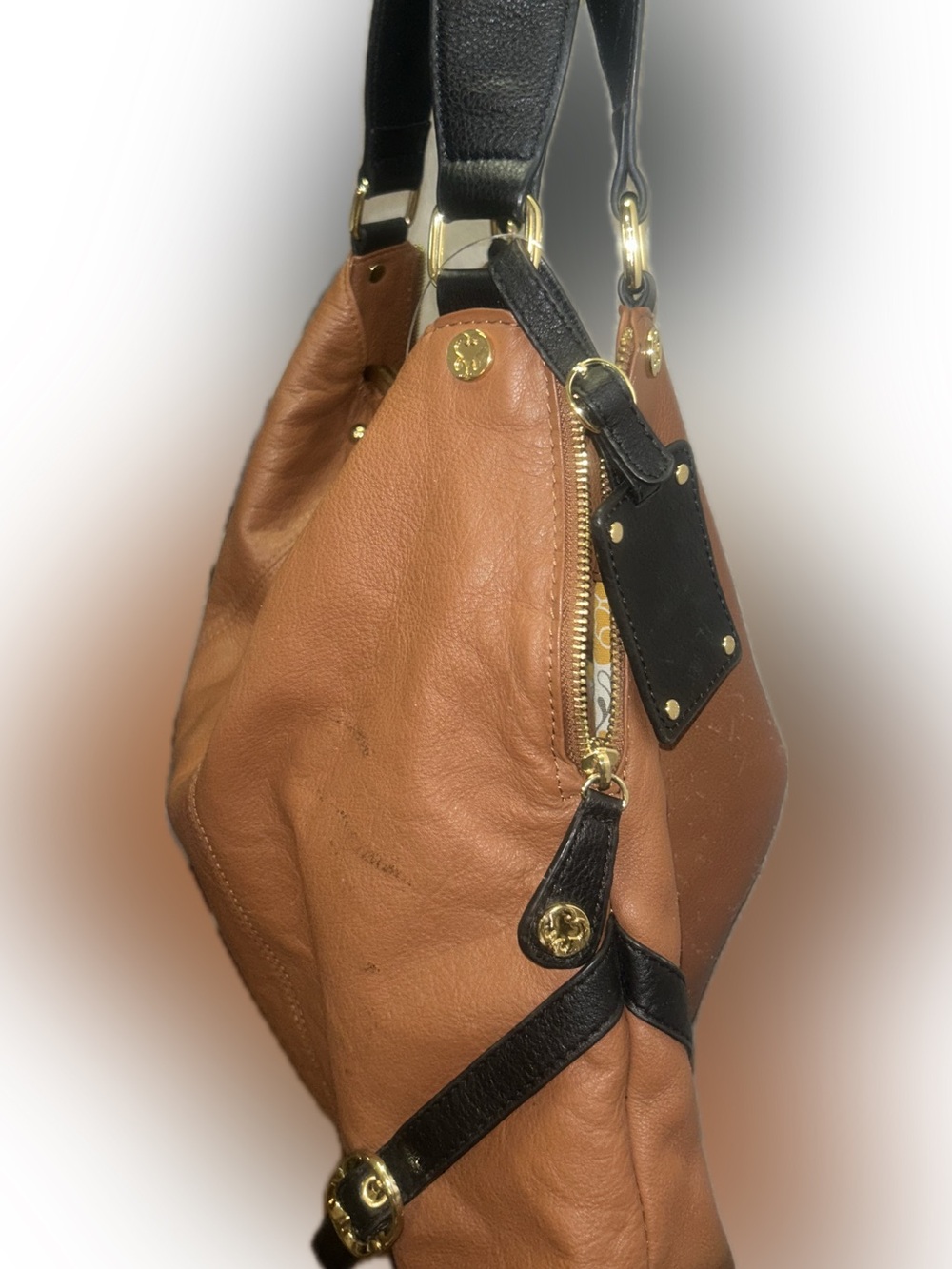 Emma Fox Large Cognac Pebbled Leather Hobo Shoulder Bag Black Trim Gold Hardware - Picture 3 of 13